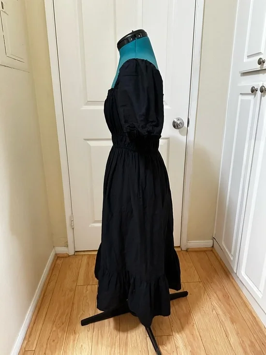 Dizzy Lizzy Sz M Lined Black Puff Sleeve Smocked Cotton Midi Dress w/ Ruffle Hem - Picture 4 of 8